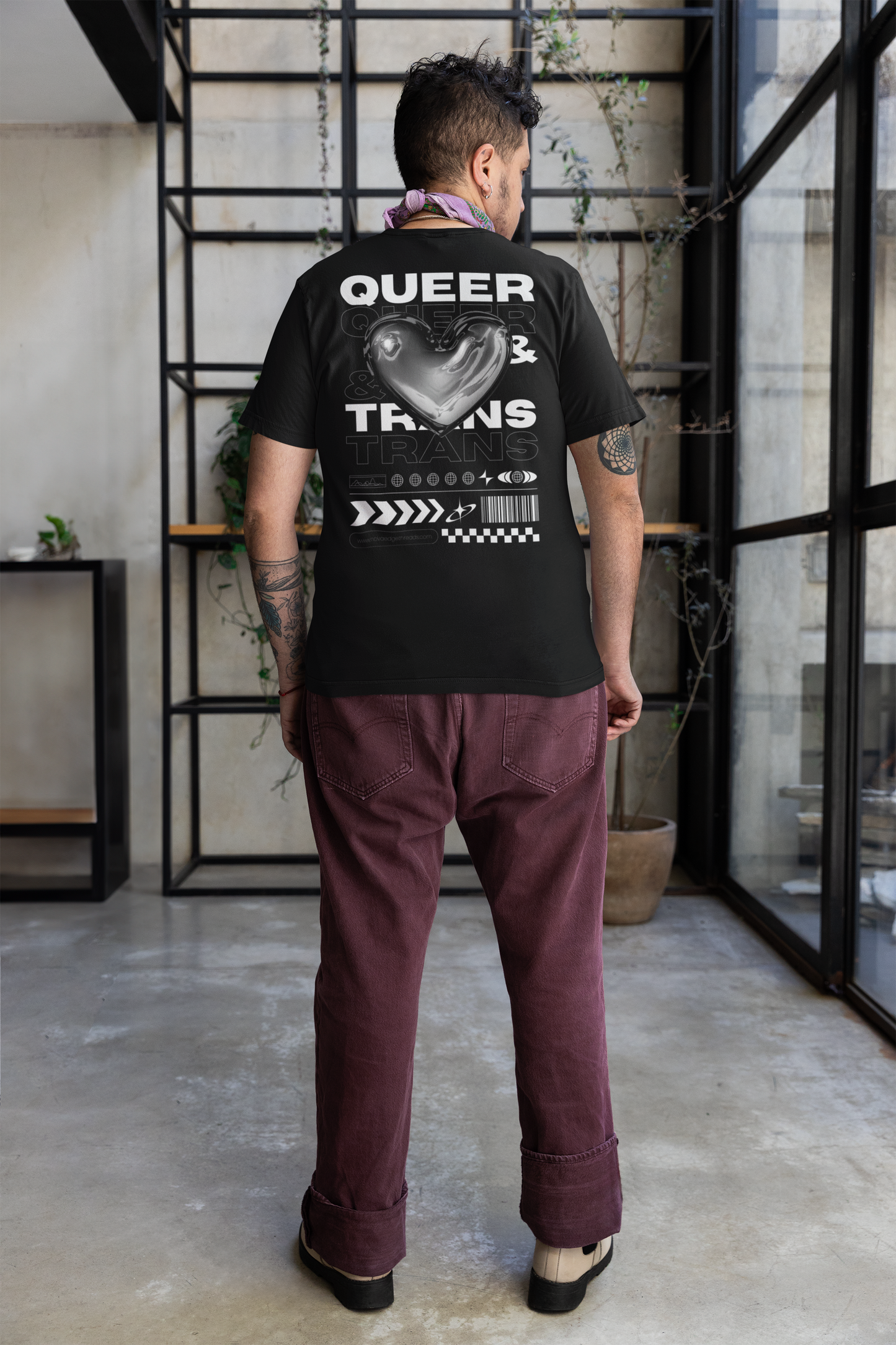 Queer & Trans Pride Streetwear Tee Chrome Heart on Black Oversize Deep Drop Shoulder Tee - 190 GSM