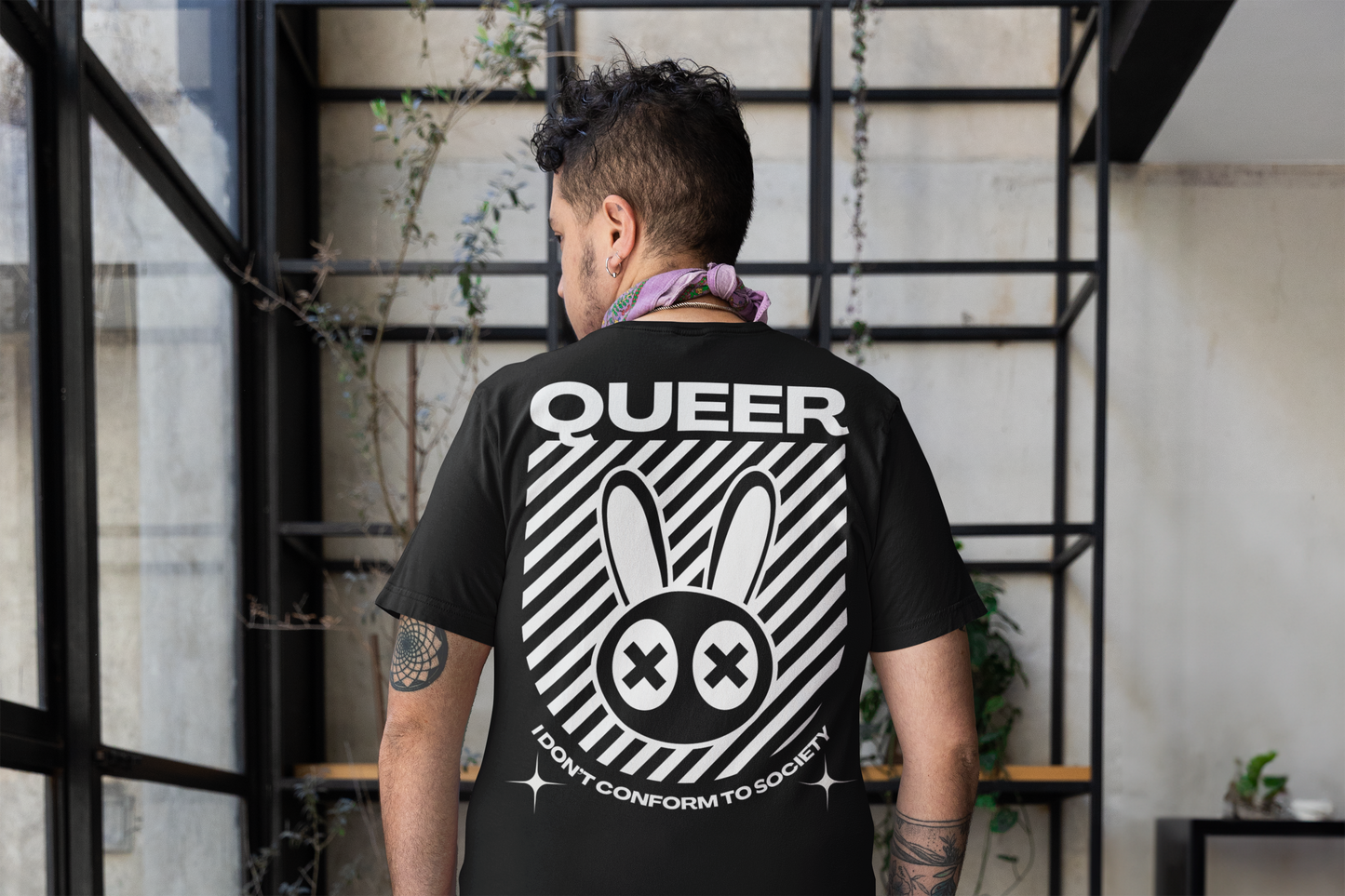 Queer Graphic Tee I Don't Conform to Society on Black Oversize Deep Drop Shoulder Tee - 190 GSM