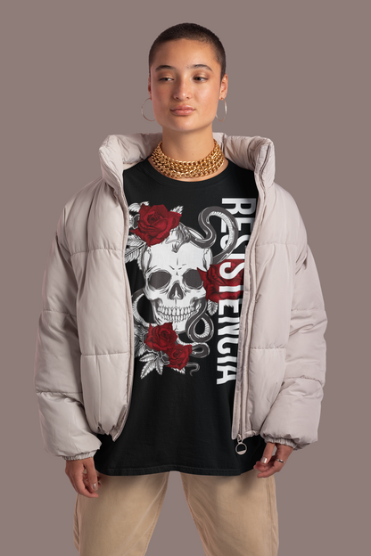 Resistencia Intersectional Pride Chicano Streetwear Style Graphic Tee on front of Black Oversize Deep Drop Shoulder Tee - 190 GSM