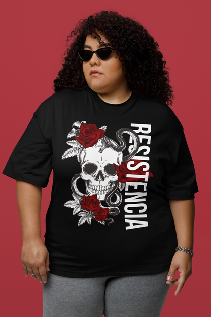 Resistencia Intersectional Pride Chicano Streetwear Style Graphic Tee on front of Black Oversize Deep Drop Shoulder Tee - 190 GSM