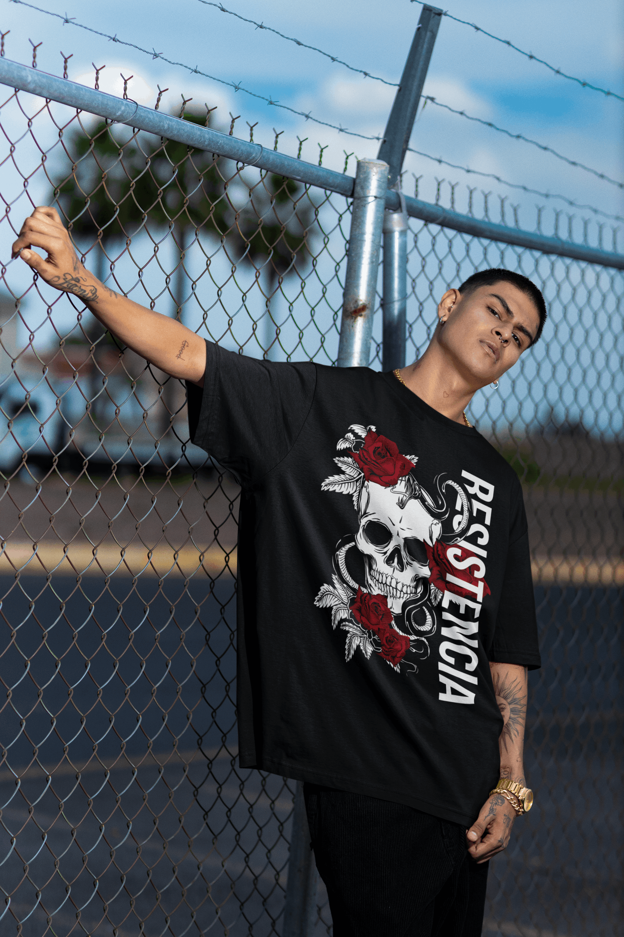 Resistencia español for Resistence Skull & Roses on front of Black Oversize Deep Drop Shoulder Tee Oversize Deep Drop Shoulder Tee - 190 GSM