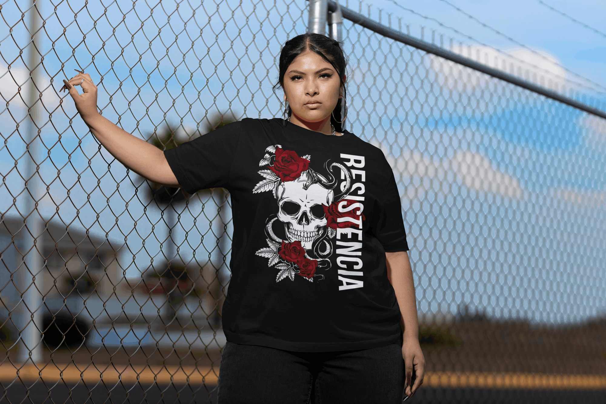 Resistencia español for Resistence Skull & Roses on front of Black Oversize Deep Drop Shoulder Tee Oversize Deep Drop Shoulder Tee - 190 GSM