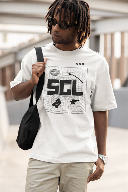 SGL Pride T-Shirt Intersectional Same Gender Loving Black Community Tee Streetwear on front of White Oversize Deep Drop Shoulder Tee - 190 GSM