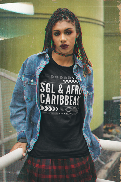 SGL & Afro Caribbean Graphic Tee Intersectional Pride Gear Streetwear Style on front of Black Oversize Deep Drop Shoulder Tee - 190 GSM