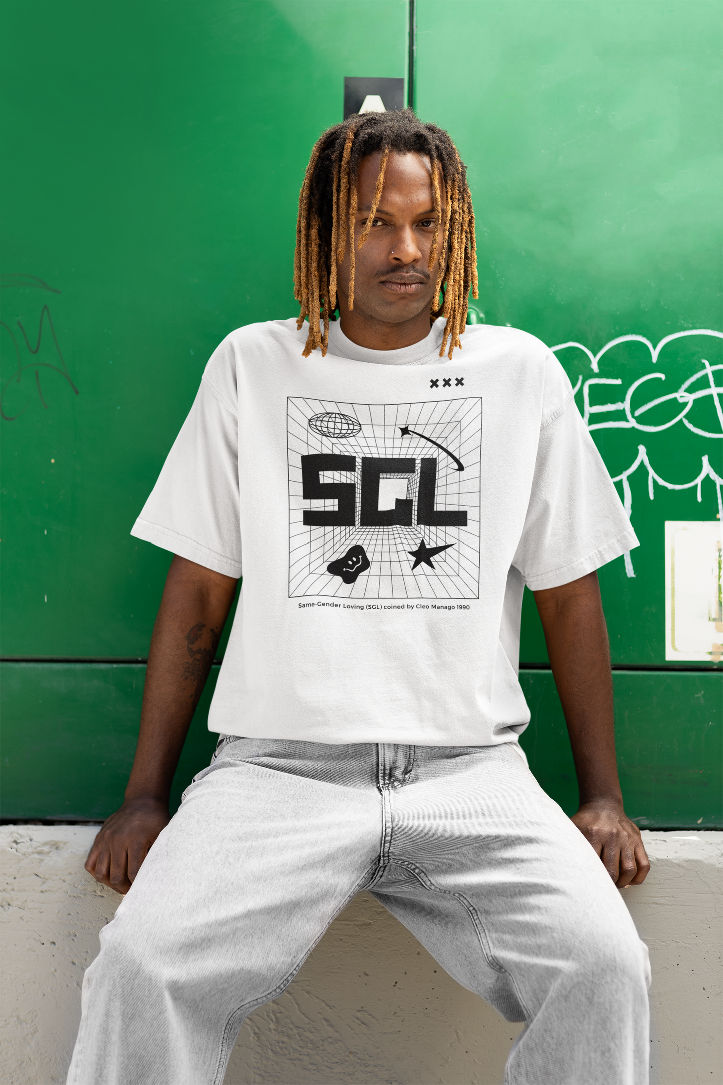 SGL Pride T-Shirt Intersectional Same Gender Loving Black Community Tee Streetwear on front of White Oversize Deep Drop Shoulder Tee - 190 GSM