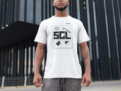 SGL Pride T-Shirt Intersectional Same Gender Loving Black Community Tee Streetwear on front of White Oversize Deep Drop Shoulder Tee - 190 GSM