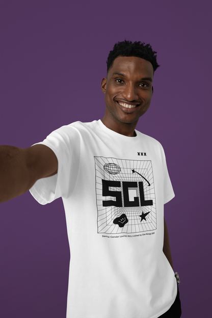 SGL Pride T-Shirt Intersectional Same Gender Loving Black Community Tee Streetwear on front of White Oversize Deep Drop Shoulder Tee - 190 GSM