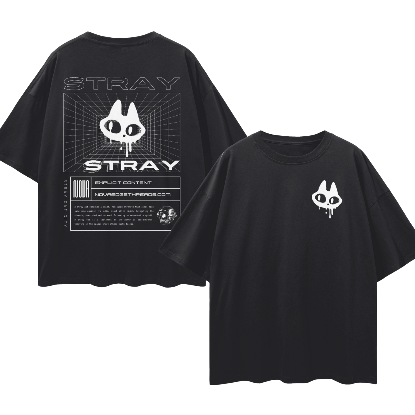Stray Cat Streetwear T-Shirt Wild Cat Outsider Black Oversize Tee Oversize Deep Drop Shoulder Tee - 190 GSM