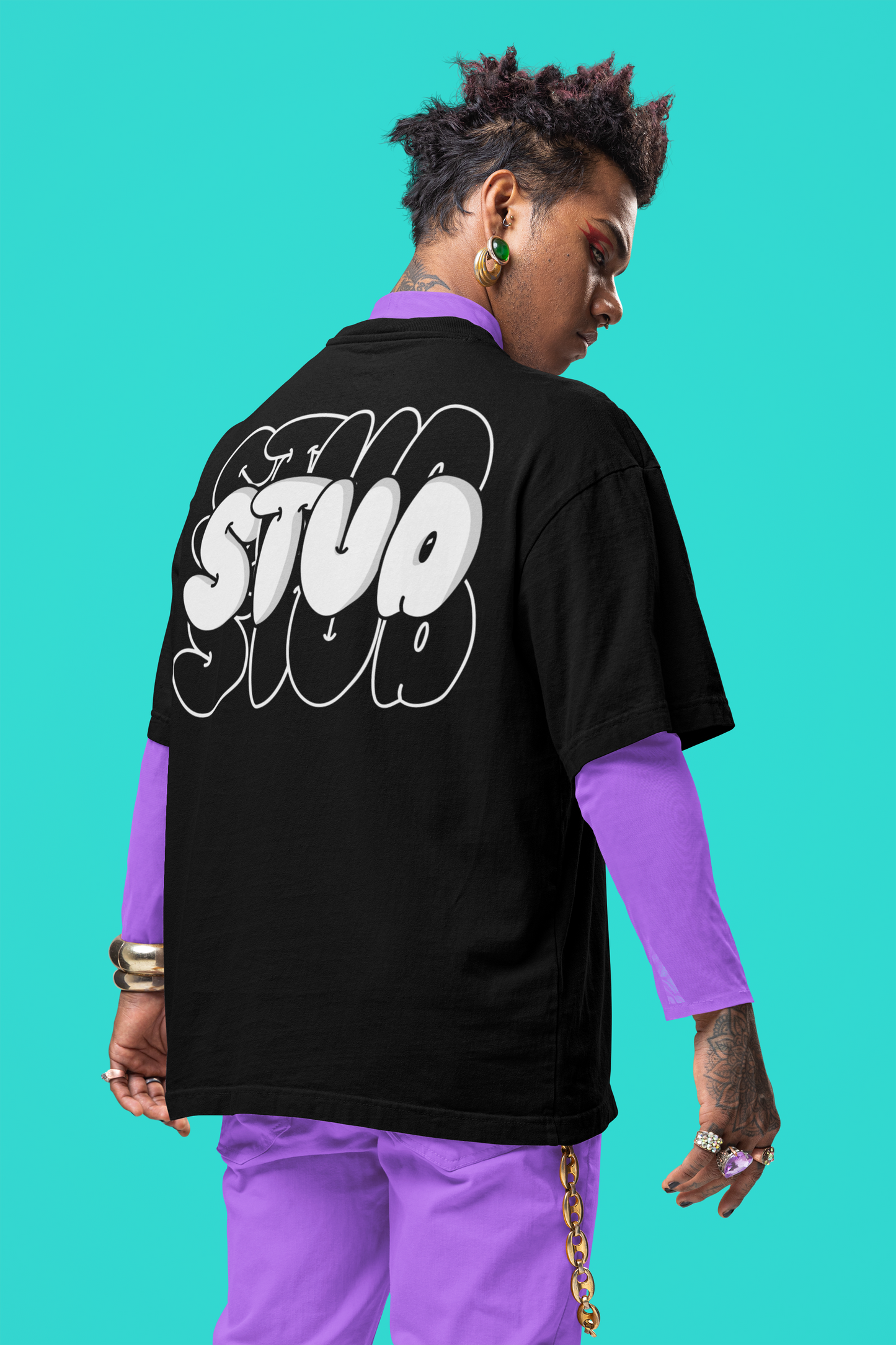 Stud Graphic Tee Intersectional Pride T-Shirt on Black Oversize Deep Drop Shoulder Tee - 190 GSM