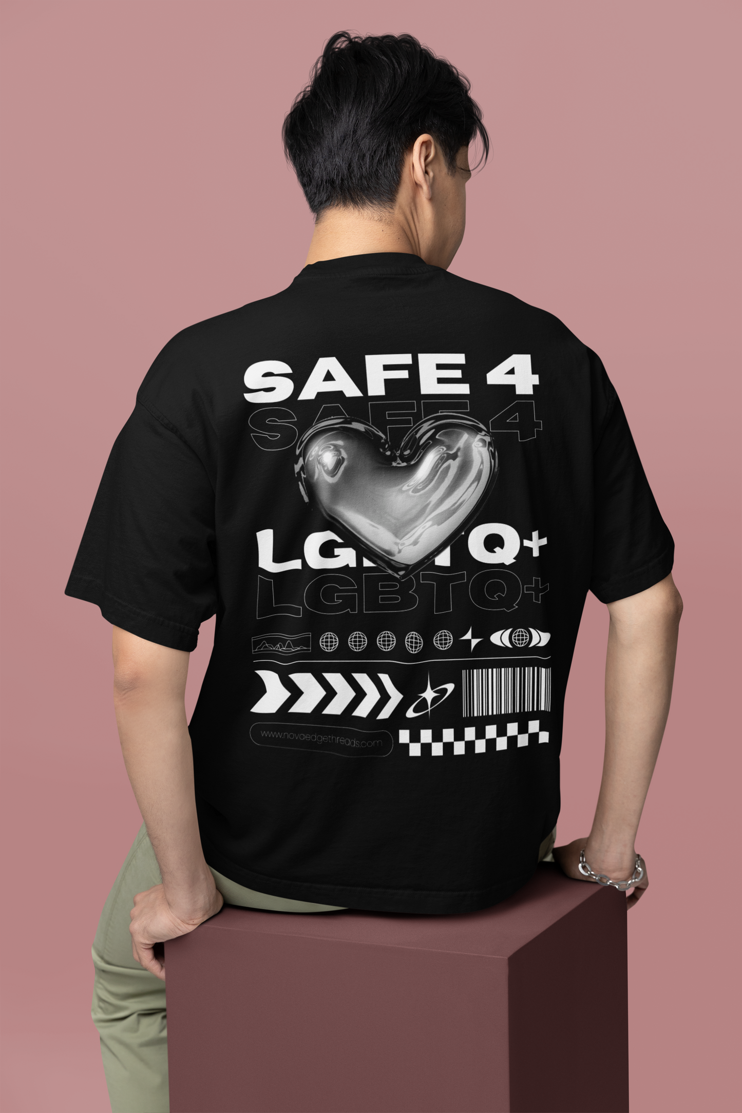 Safe for LGBTQ+ People Pride T-Shirt Streetwear Style on Black Oversize Deep Drop Shoulder Tee - 190 GSM