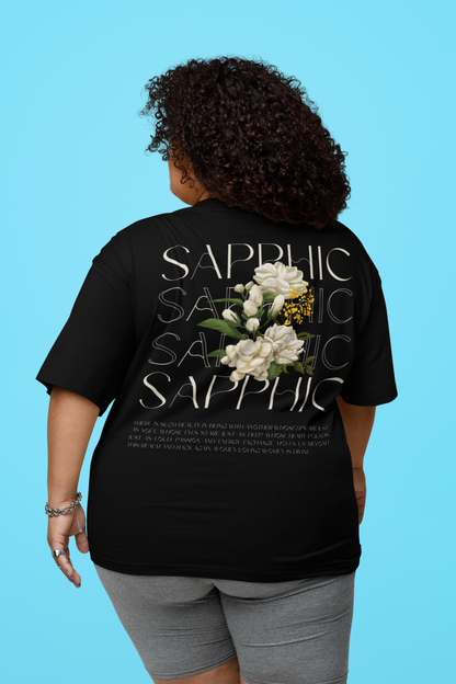 Sapphic Pride T-Shirt Vintage Flowers on Black Oversize Deep Drop Shoulder Tee - 190 GSM