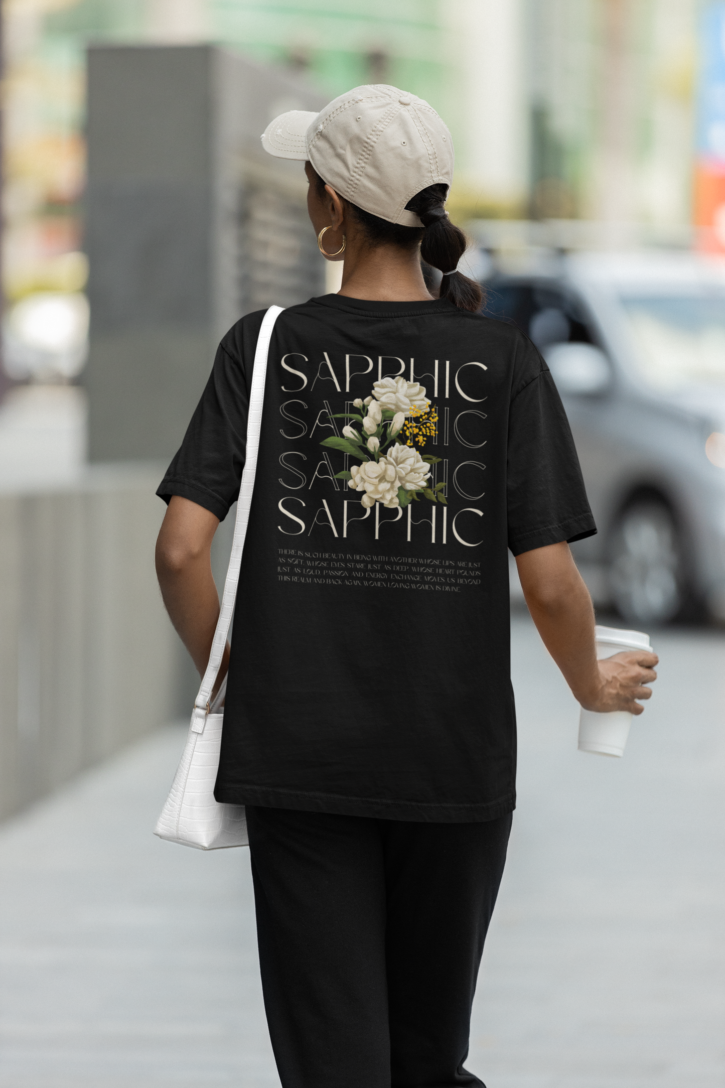 Sapphic Pride T-Shirt Vintage Flowers on Black Oversize Deep Drop Shoulder Tee - 190 GSM