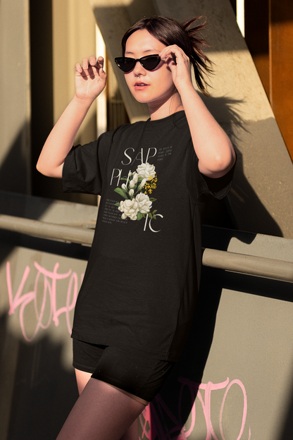 Sapphic Pride T-Shirt WLW Graphic Tee on front of Black Oversize Deep Drop Shoulder Tee - 190 GSM