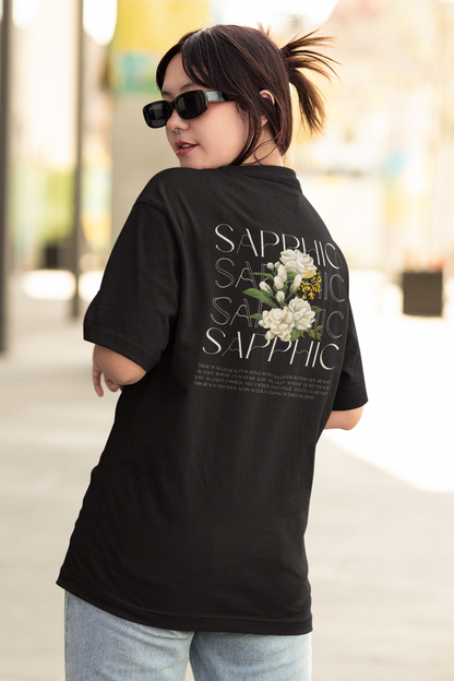 Sapphic Pride T-Shirt Vintage Flowers on Black Oversize Deep Drop Shoulder Tee - 190 GSM