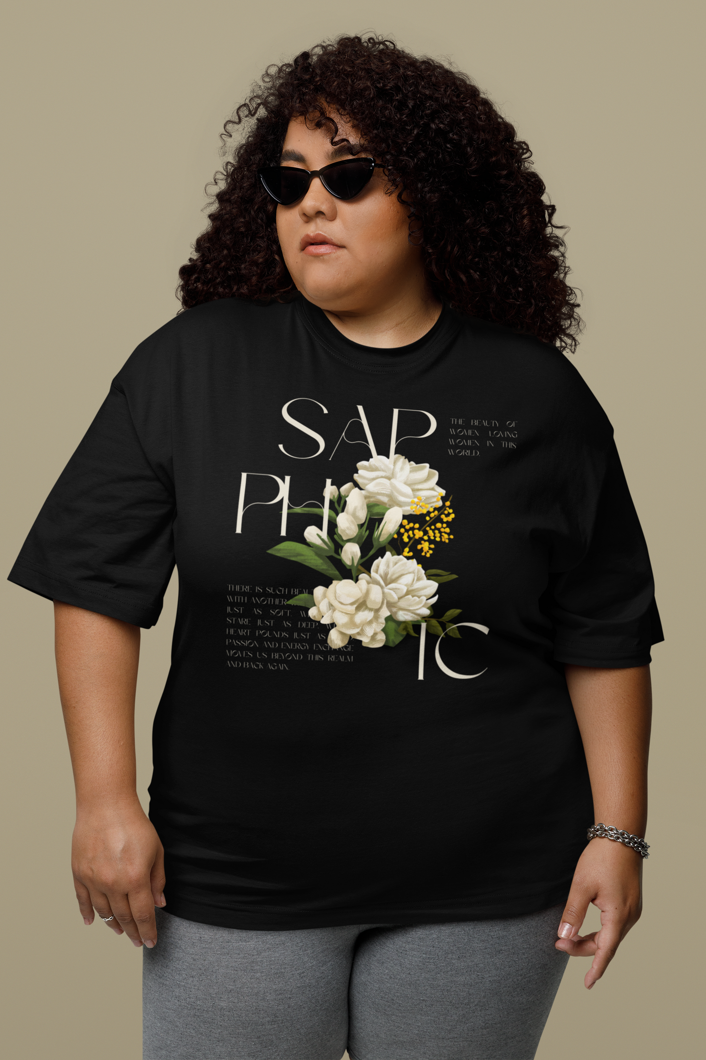 Sapphic Pride T-Shirt WLW Graphic Tee on front of Black Oversize Deep Drop Shoulder Tee - 190 GSM