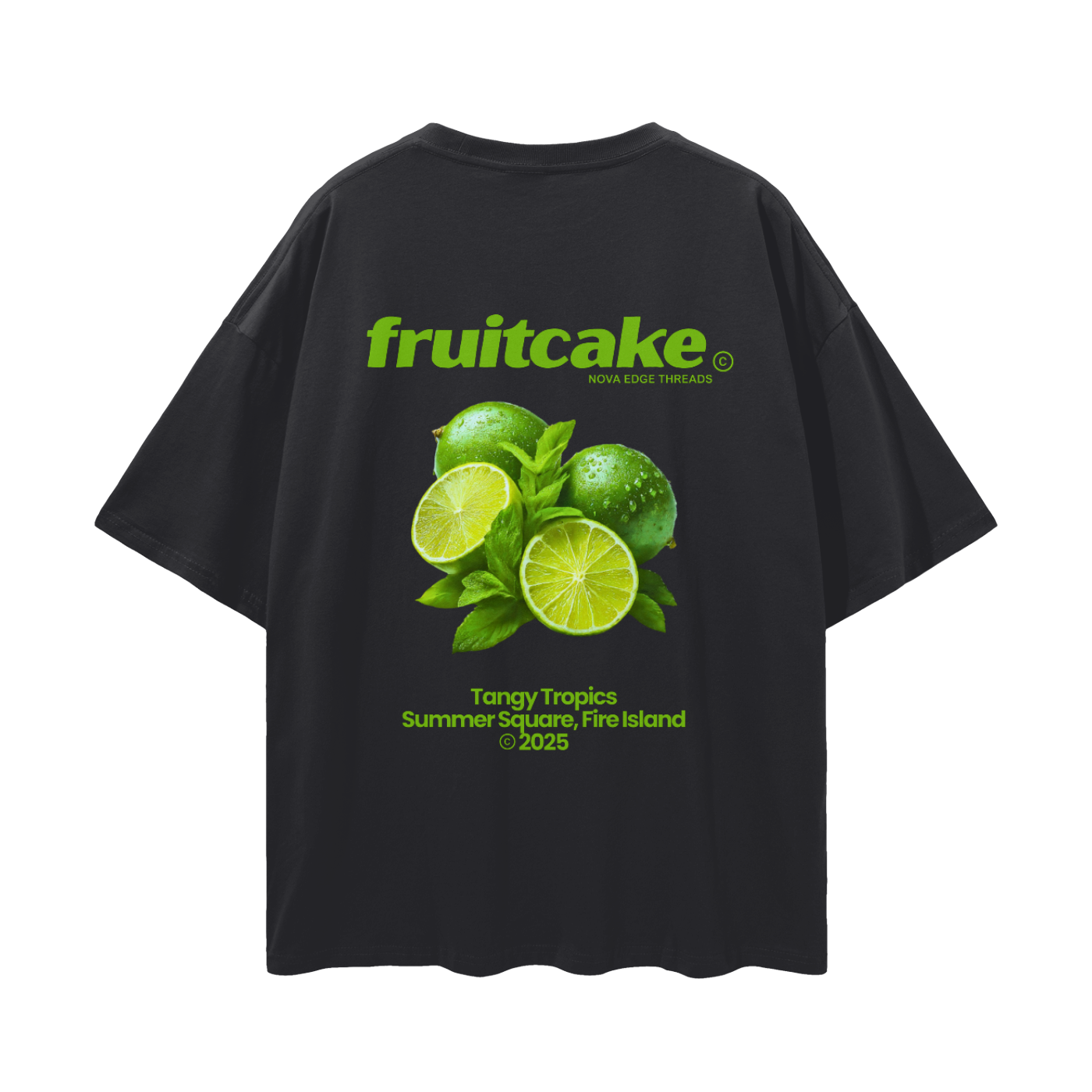 Fruitcake T-Shirt Green Limes on back of Gay Pride Black Oversize Tee Oversize Deep Drop Shoulder Tee - 190 GSM