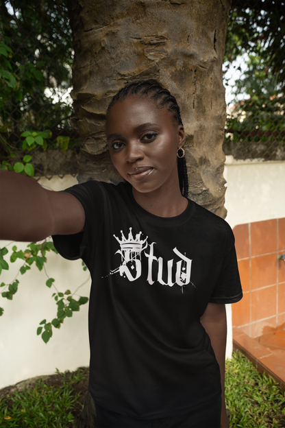 Stud Spray Paint with a Crown Graphic Tee Black Lesbian Pride Intersectionality on front of Black Oversize Deep Drop Shoulder Tee - 190 GSM