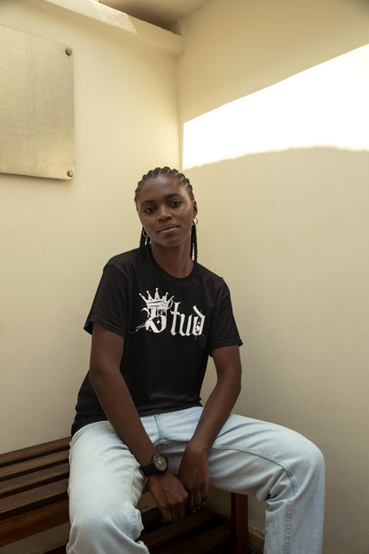 Stud Spray Paint with a Crown Graphic Tee Black Lesbian Pride Intersectionality on front of Black Oversize Deep Drop Shoulder Tee - 190 GSM