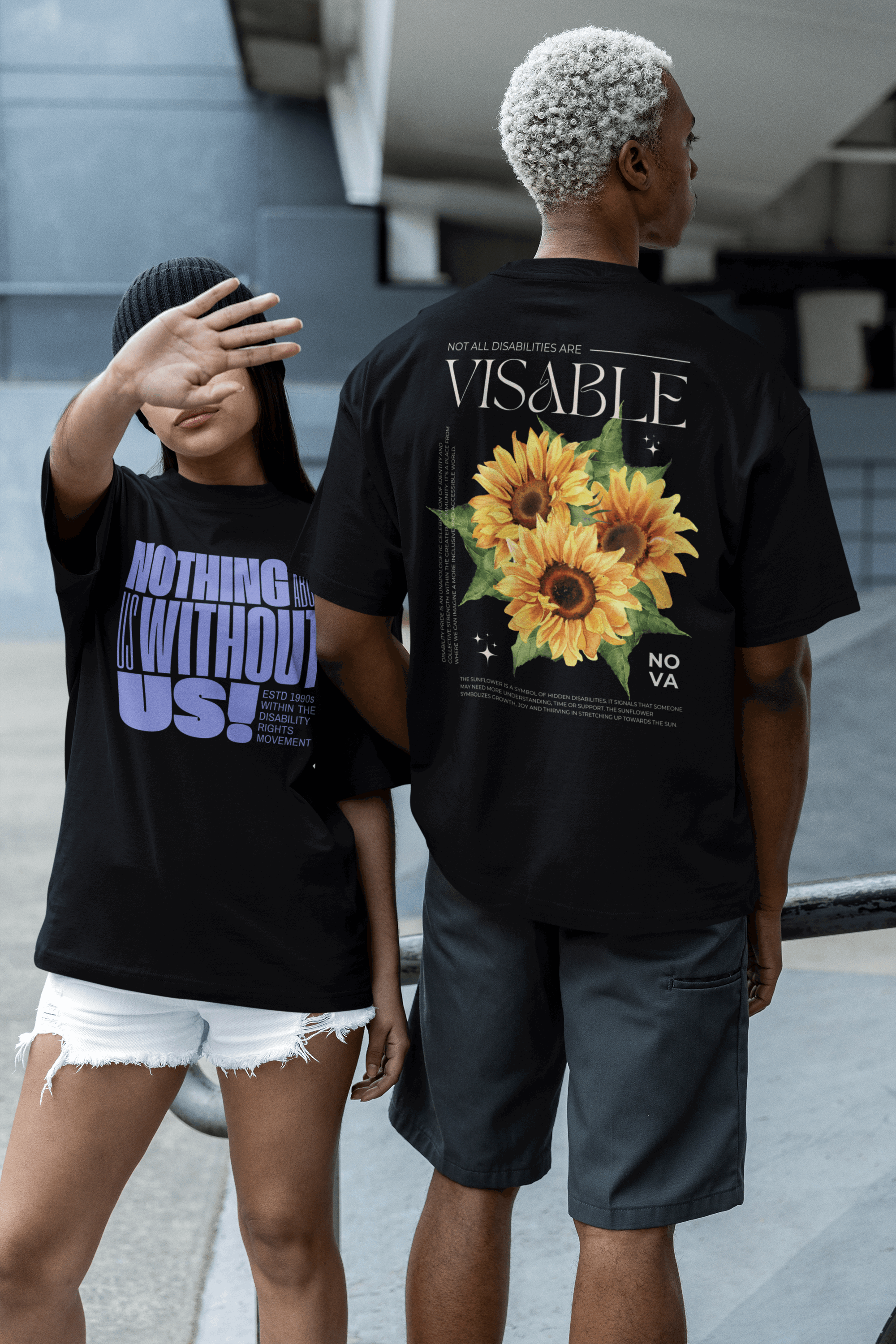 Sunflower Hidden Disabilities Pride on back of Size Inclusive Black Relaxed Fit T-shirt Oversize Deep Drop Shoulder Tee - 190 GSM