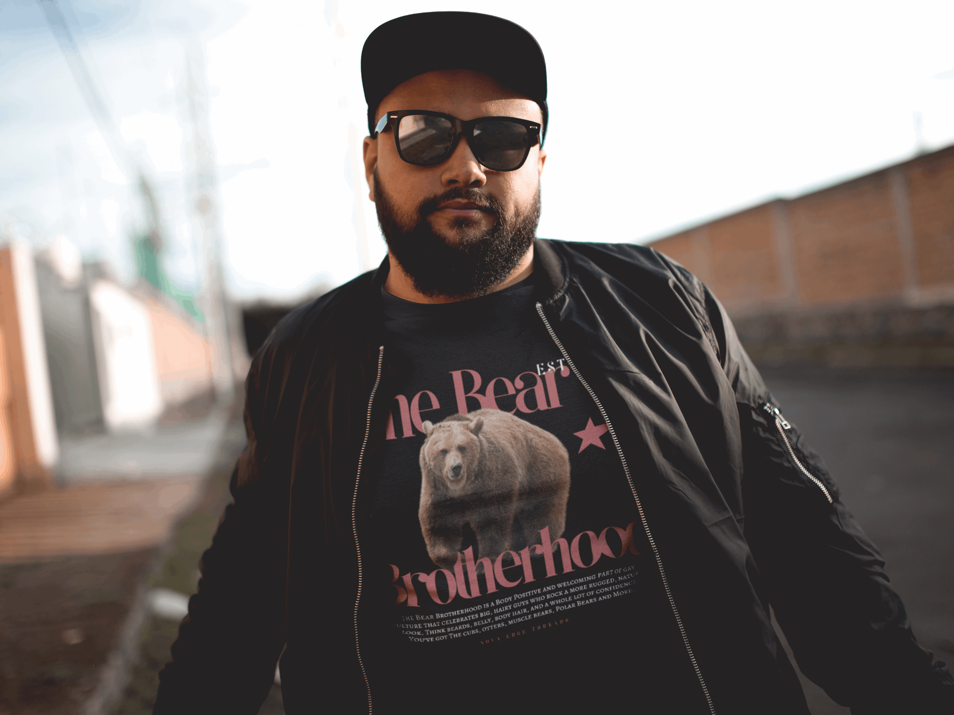 The Bear Brotherhood Gay Pride T-Shirt on front of Black Oversize Deep Drop Shoulder Tee