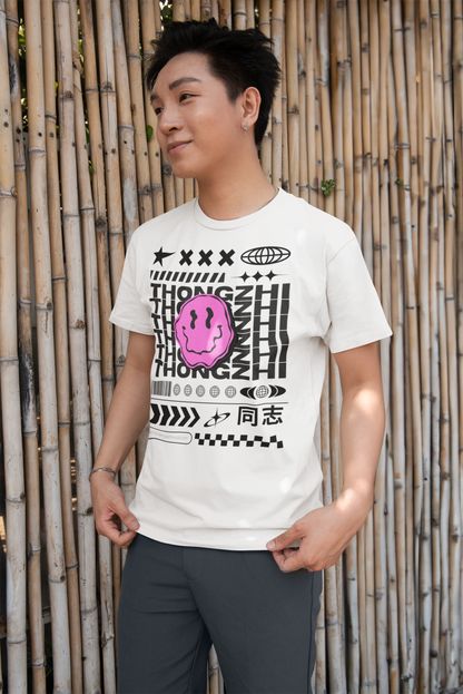 Tongzhi Chinese Gay Pride Graphic Tee on White Oversize Deep Drop Shoulder Tee - 190 GSM