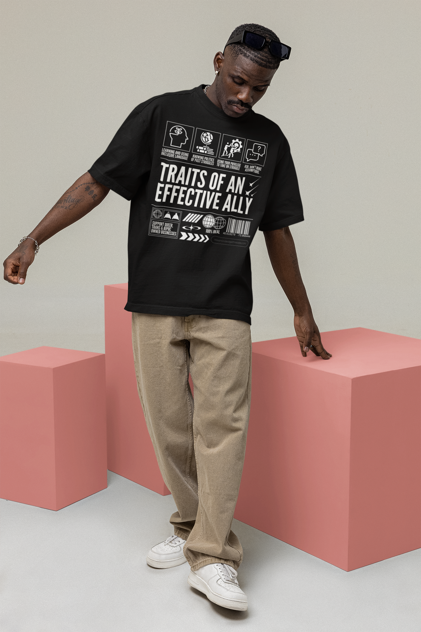 Traits of an Effective Ally Graphic Tee on front of Black Oversize Deep Drop Shoulder Tee - 190 GSM