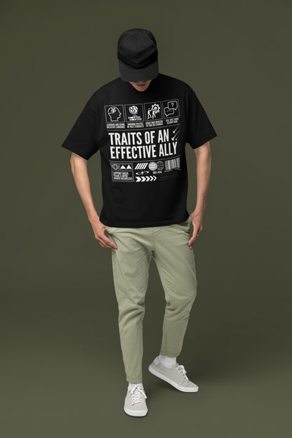 Traits of an Effective Ally Graphic Tee on front of Black Oversize Deep Drop Shoulder Tee - 190 GSM