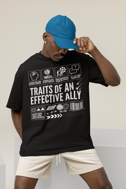 Traits of an Effective Ally Graphic Tee on front of Black Oversize Deep Drop Shoulder Tee - 190 GSM