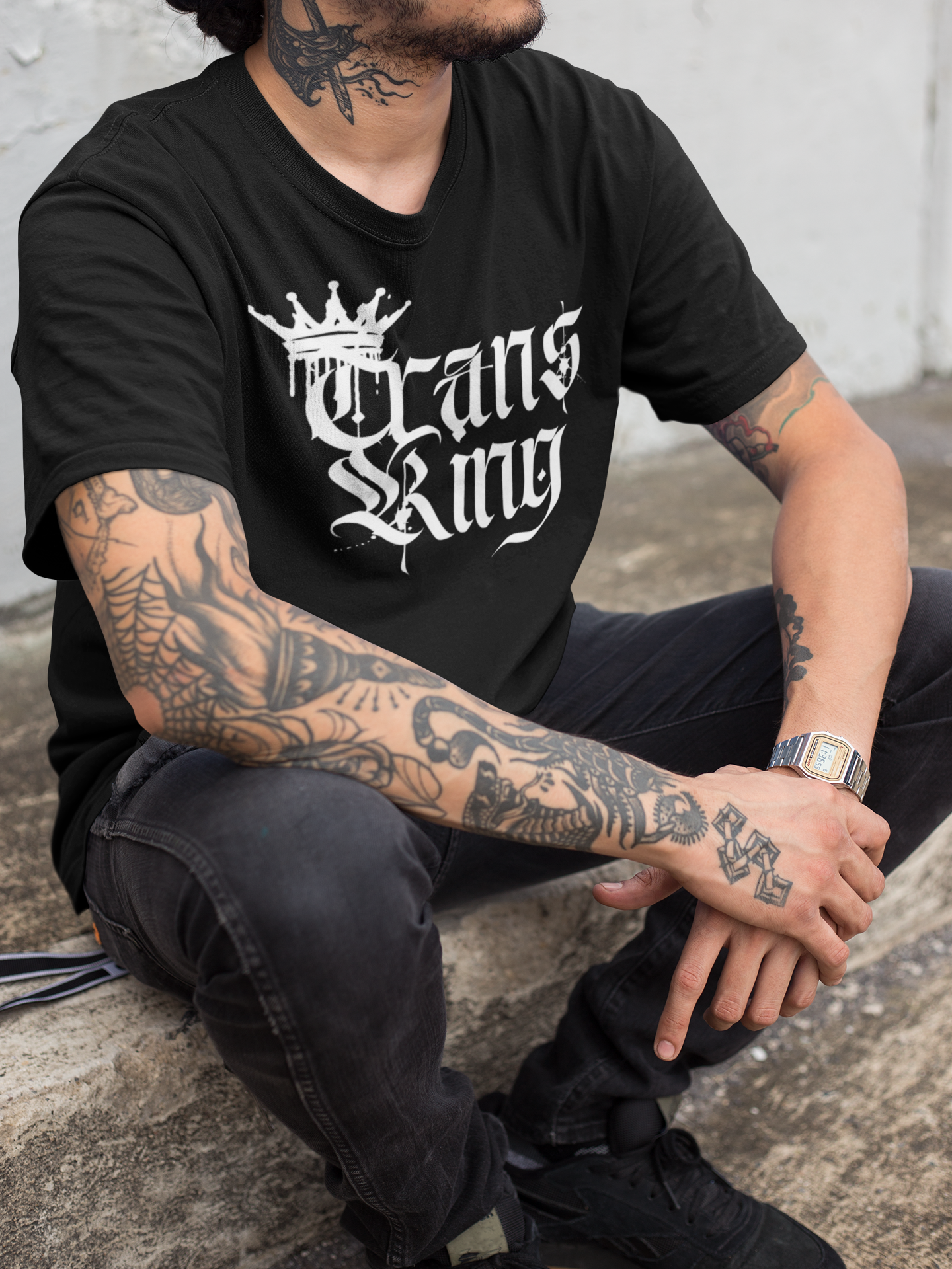 Trans King Graphic Tee with Crown and Spray Paint Drips on Black Oversize Deep Drop Shoulder Tee - 190 GSM