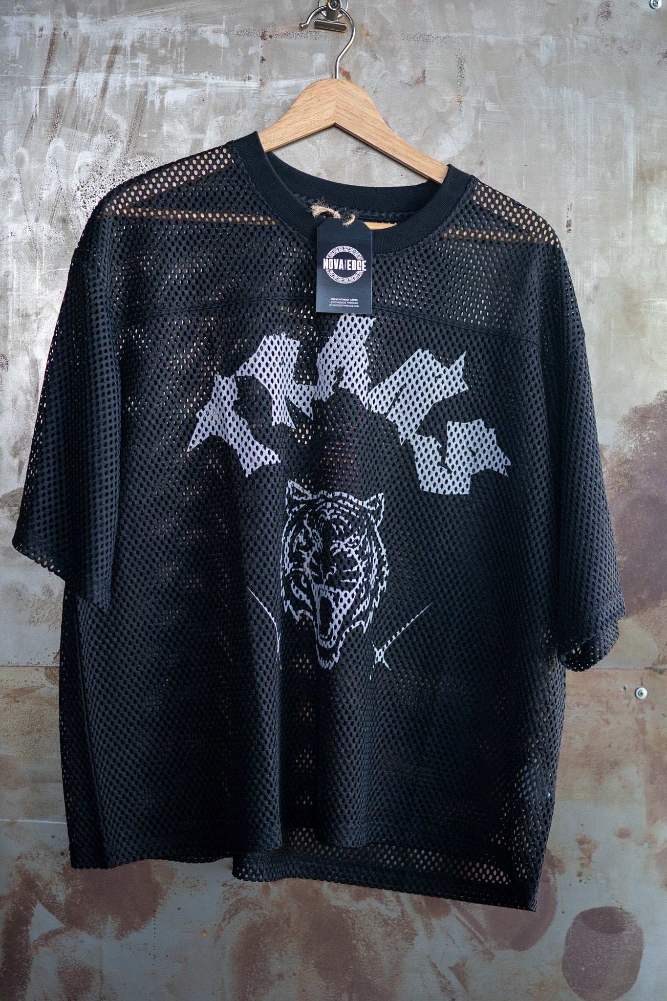 Trans Pride Tattoo Inspired Design on front of Black See-through Boxy Net T-shirt See-through Boxy Net T-Shirt