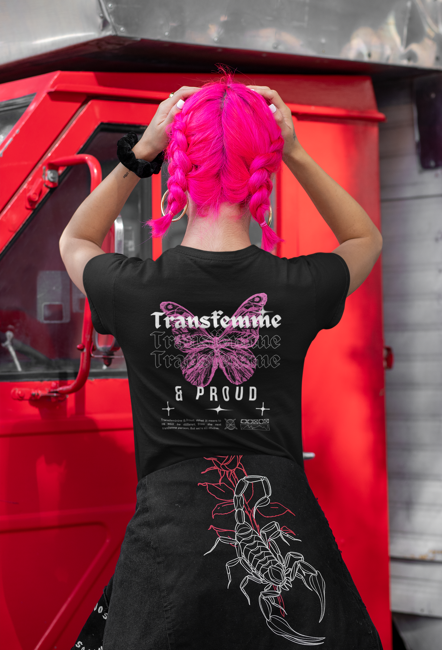 Transfemme Graphic T-Shirt Pride Gear Streetwear Style on Black Oversize Deep Drop Shoulder Tee - 190 GSM