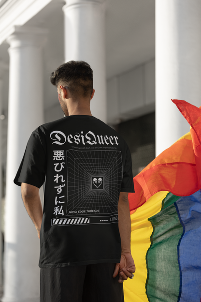 Unapologetically DesiQueer for South Asian Pride on Black Vintage Wash Frayed T-Shirt - 260 GSM