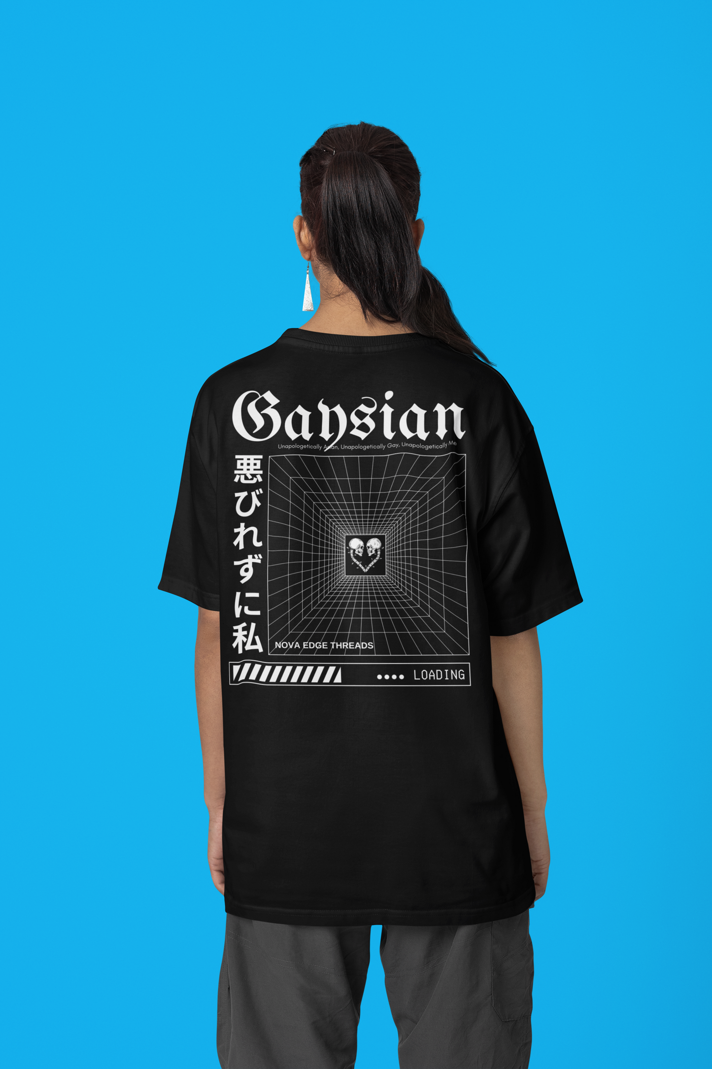 Camiseta gráfica sin complejos con estilo gay asiático en negro, estilo urbano japonés, camiseta de hombros caídos y gran tamaño (190 g/m²)