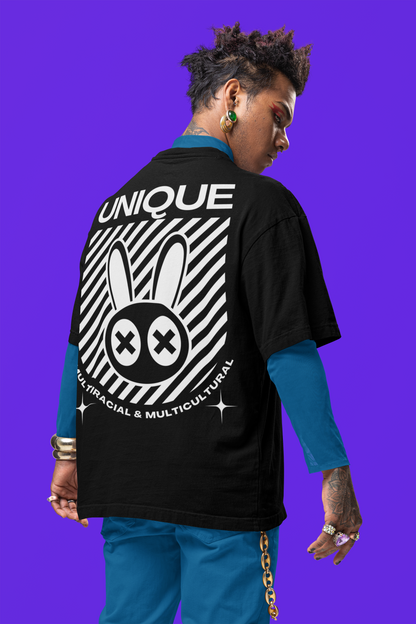 Unique Mad Rabbit Multiracial and Multicultural Pride Streetwear Tee on back of Black Oversize Deep Drop Shoulder Tee - 190 GSM