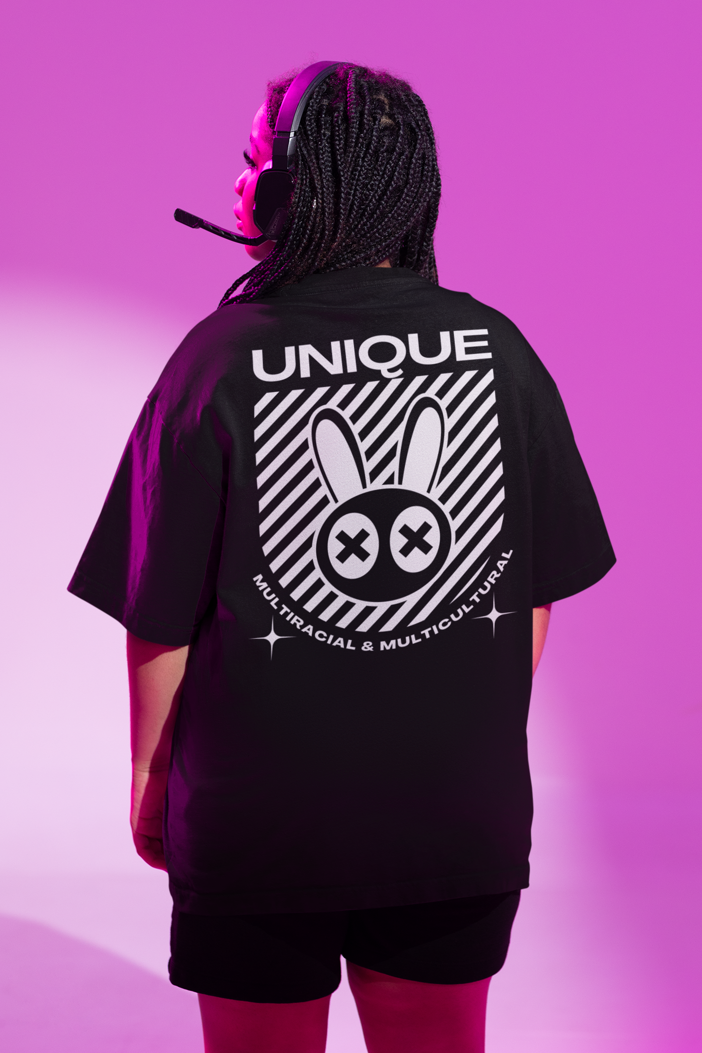 Unique Mad Rabbit Multiracial and Multicultural Pride Streetwear Tee on back of Black Oversize Deep Drop Shoulder Tee - 190 GSM