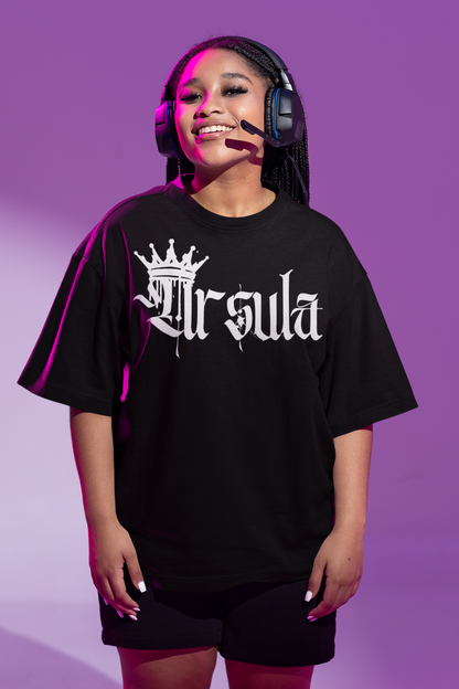 Ursula Spray Paint Crown Graphic Tee Lesbian Bear Pride T-Shirt on front of Black Oversize Deep Drop Shoulder Tee - 190 GSM