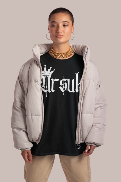 Ursula Spray Paint Crown Graphic Tee Lesbian Bear Pride T-Shirt on front of Black Oversize Deep Drop Shoulder Tee - 190 GSM