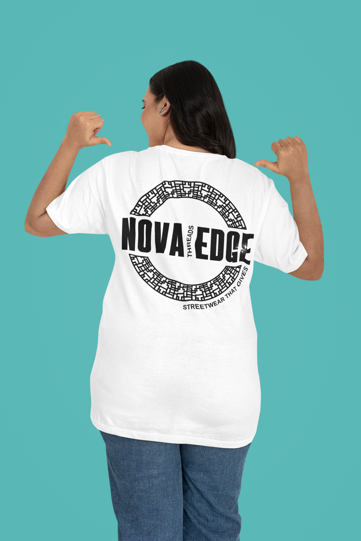 Nova Edge Threads Logo Graphic Tee on White Oversize Deep Drop Shoulder Tee - 190 GSM