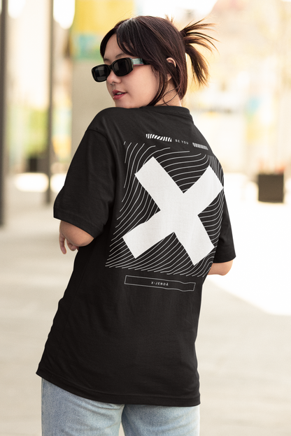 X-Gender Japanese Graphic Design Tee on Black Oversize Deep Drop Shoulder Tee - 190 GSM