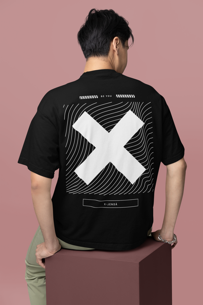 X-Gender Japanese Graphic Design Tee on Black Oversize Deep Drop Shoulder Tee - 190 GSM