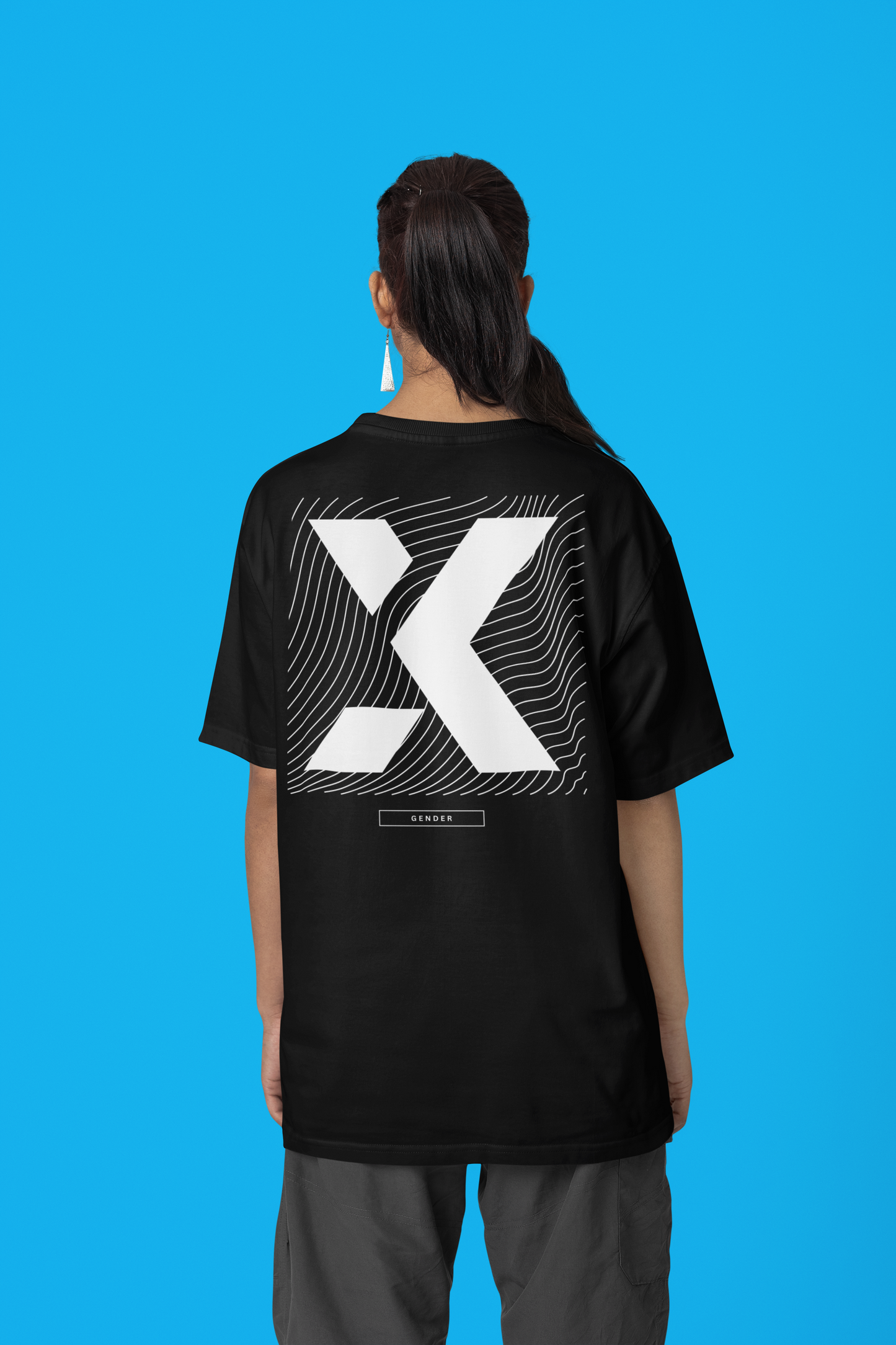 X Gender Graphic Tee Japanese Streetwear Fashion on Black Oversize Deep Drop Shoulder Tee - 190 GSM