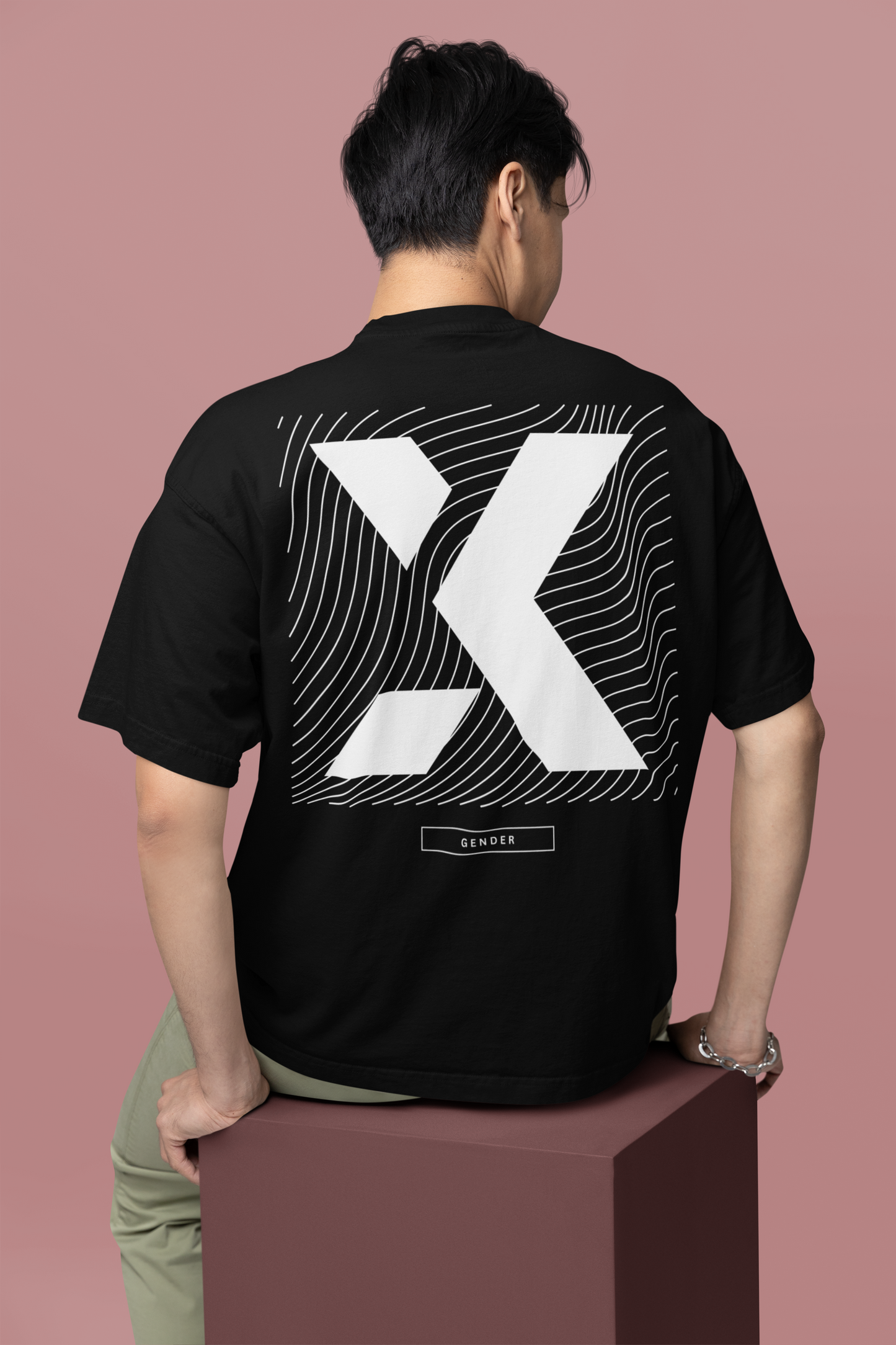 X Gender Graphic Tee Japanese Streetwear Fashion on Black Oversize Deep Drop Shoulder Tee - 190 GSM