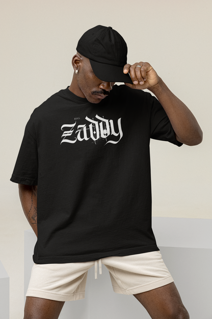 Big Zaddy Graphic Tee Streetwear Style on front of Black Oversize Deep Drop Shoulder Tee - 190 GSM