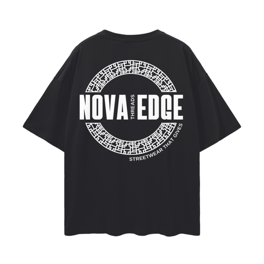 Nova Edge Threads Logo Graphic Tee Streetwear Intersectional Pride Gear on Black Oversize Deep Drop Shoulder Tee - 190 GSM