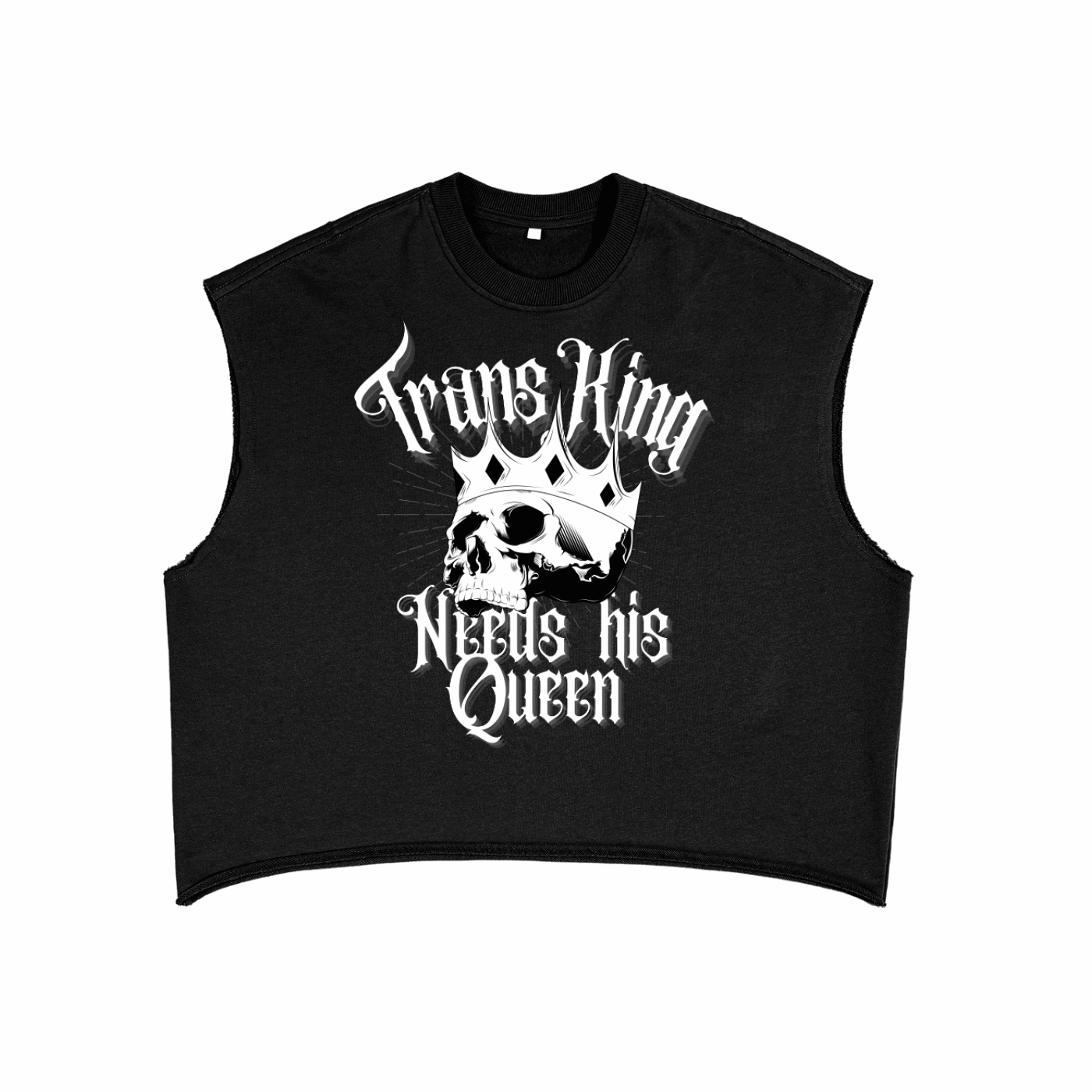 Trans King Needs his Queen Royalty Trans Pride T4T on front of Black French Terry Boxy Tank Top French Terry Boxy Tank Top