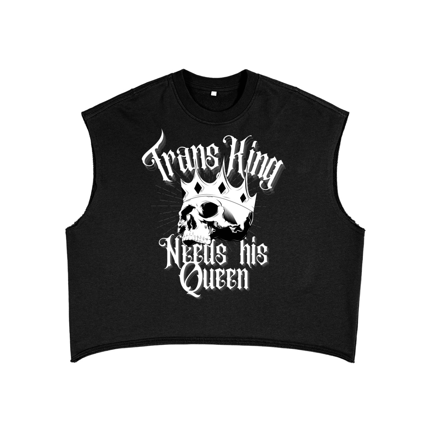 Trans King Needs his Queen Royalty Trans Pride T4T on front of Black French Terry Boxy Tank Top French Terry Boxy Tank Top