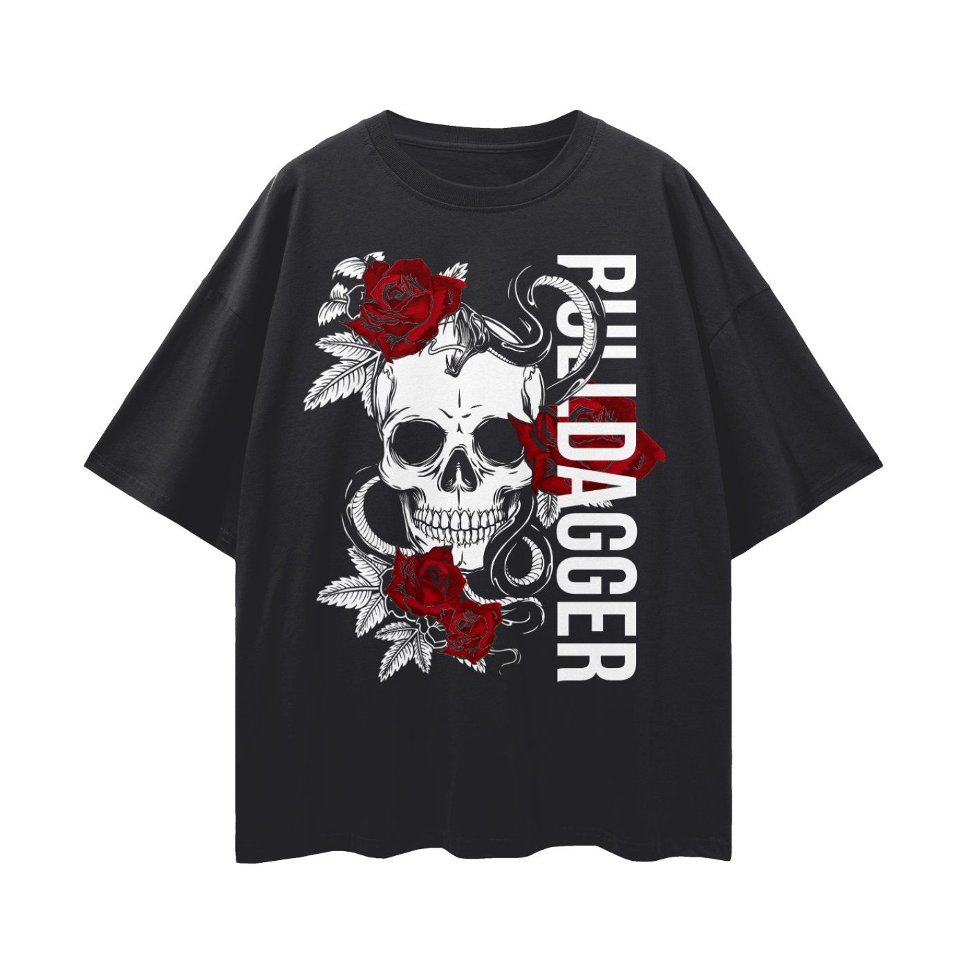 Bulldagger Lesbain Pride T-Shirt Skull and Roses Tattoo Inspired Design on front of Black Oversize Tee Oversize Deep Drop Shoulder Tee - 190 GSM