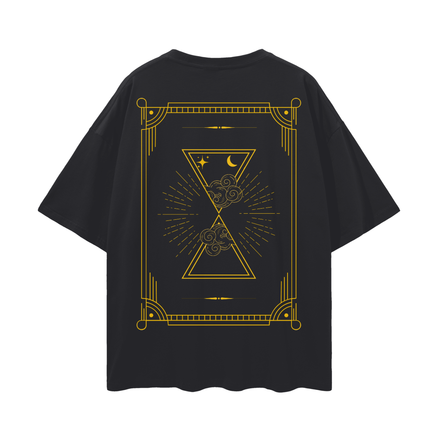 Black and Yellow Celestial Design on back of Black Oversized Tee
