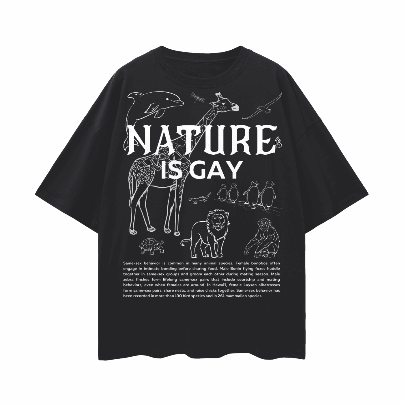 Nature is Gay Sketch Graphic for Pride on front of Oversize Deep Drop Shoulder Tee