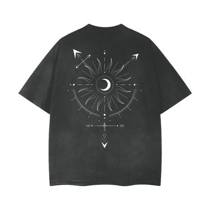 Transgender v1 Gender Symbol in Celestial Design on Space Black Vintage Wash Frayed T-Shirt - 260 GSM